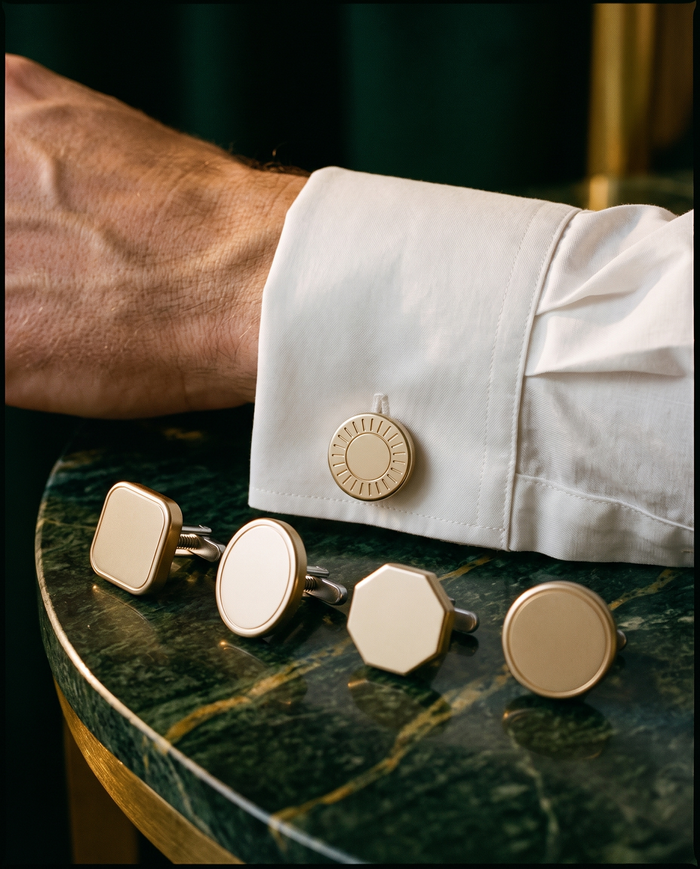 Bouton de manchette Hero à tête Rayons porté sur une chemise blanche, avec quatre autres têtes interchangeables posées sur du marbre vert